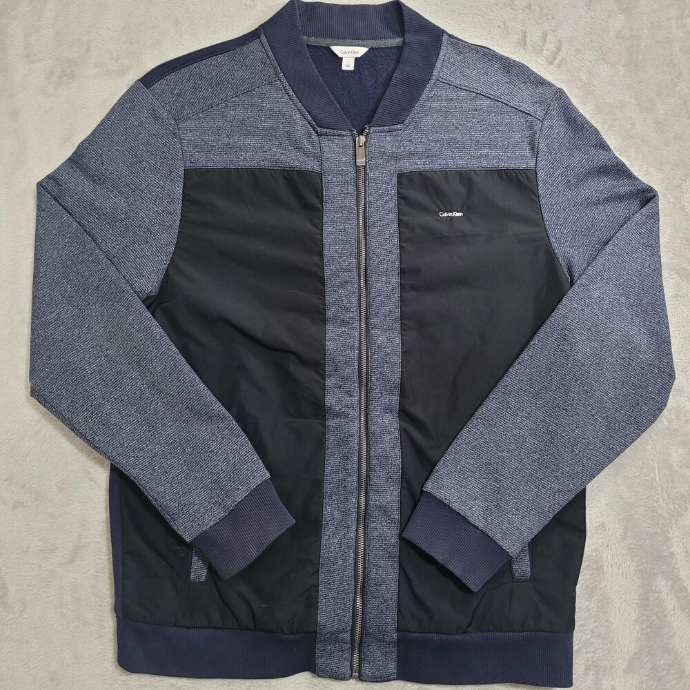Calvin Klein Jacket Mens Large Blue Knit Bomber Full Zip Lined Pockets